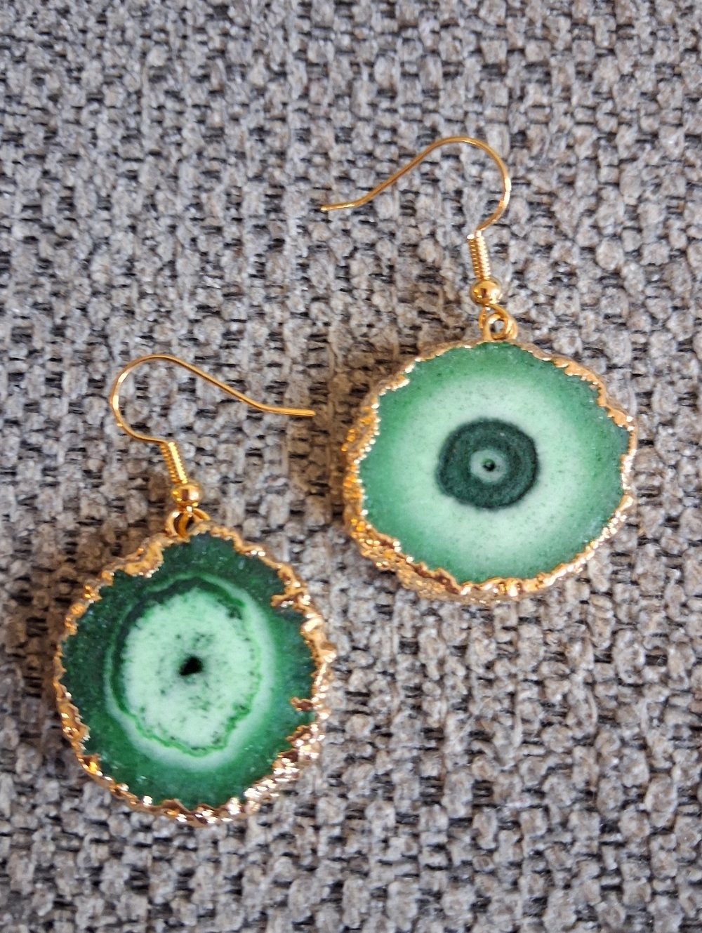 Green Geode Drop Earrings with Gold Edge - Unbranded